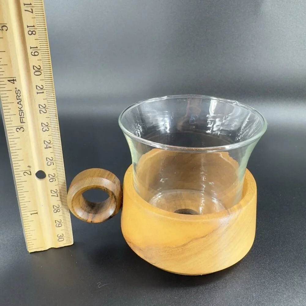 Vintage Jena Glass Mug with Wooden Holder Insert Set 3 Round Handle Wood Insert‎